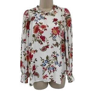 LOFT Floral Print Ruffle Neck Tie Blouse Long Sleeve Women's Size L NWT